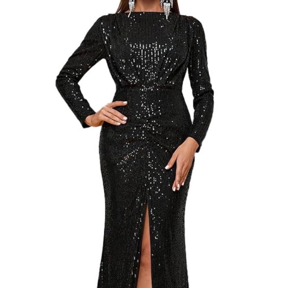 Sophisticated Black Sequin Long Sleeve Dress with high slit